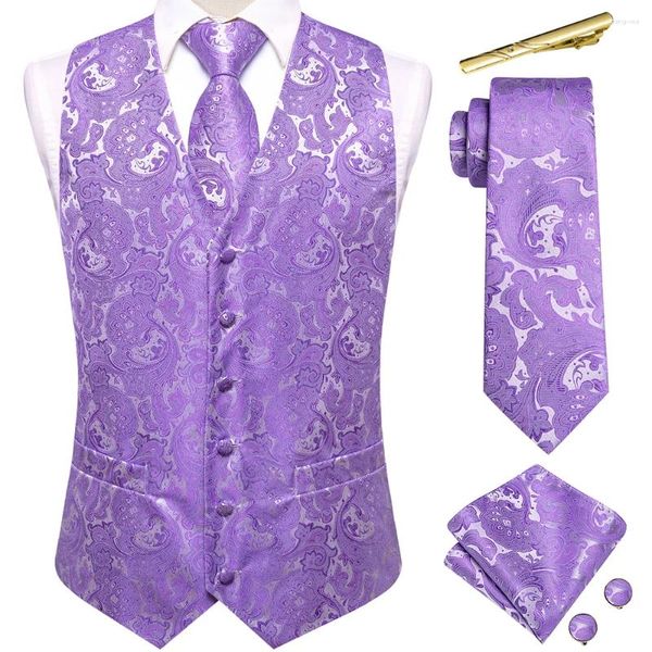 Chalecos para hombres Paisley Jacquard Hombres Chaleco de seda Violeta Púrpura Rosa Azul Rojo Negro Verde Chaleco Corbata Clips Hanky Gemelos Boda Hi-Tie