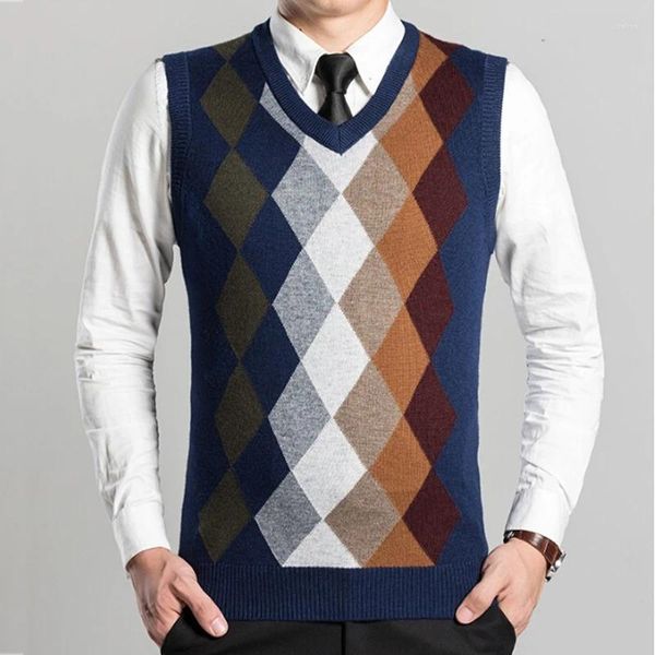 Chalecos para hombres Patrón Diseño sin mangas Suéter Moda Hombres Argyle Cuello Cashmere 2023 Chaleco de punto Chaleco Masculino