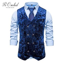 Gilets pour hommes PEORCHID Royal Blue Vevlet Suit Vest Double-Breasted Vintage Business Veste sans manches Groom Wedding Waistcoat Mens Dress