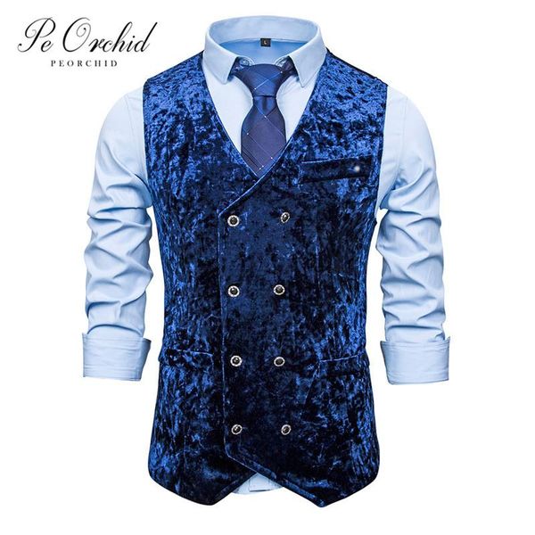 Chalecos de hombre PEORCHID Royal Blue Vevlet Suit Chaleco de doble botonadura Vintage Business Chaqueta sin mangas Novio Chaleco de boda Vestido de hombre