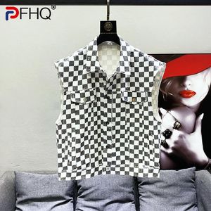 Hommes gilets PFHQ mode décontracté échiquier grille beau paillettes gilet Streetwear Patchwork sans manches vestes été 2023 21F3813