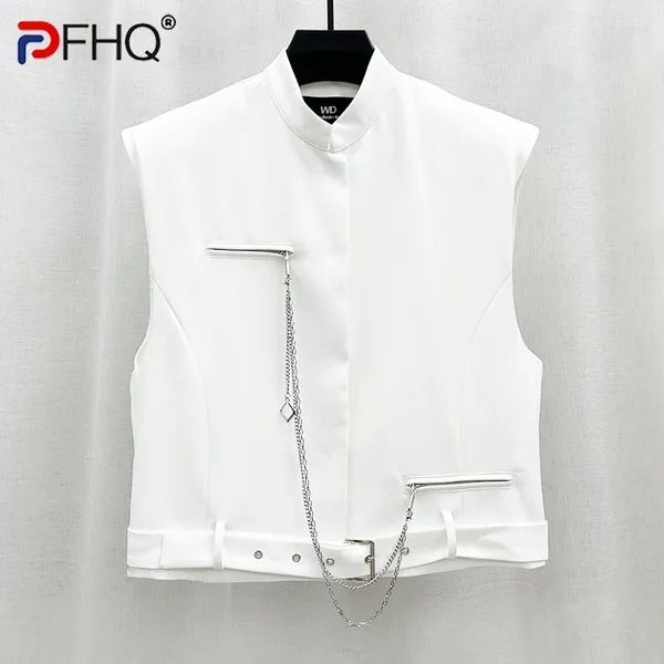Gilet masculin PFHQ Fashion Casual Vest pour hommes Metal Chain Stand Collar Single Breasted Sansless Vestes Summer 2023 Tide 21F3838