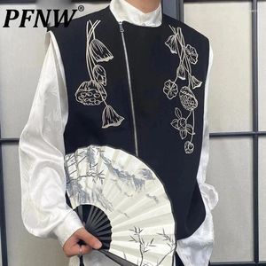 Herenvesten pfnw borduurvest Chinese stijl ronde nek contrast kleur rits man mannelijke vest retro veer stijlvol 2024 9c4567