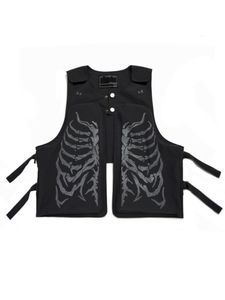 Gilets pour hommes PFNW Skeleton Graphic Print Vest Jacket Hihg Street Dark Style Streetwear Automne Poche Patchwork Techwear Homme Gilet 230223