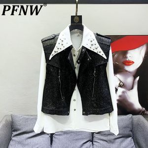 Herenvesten PFNW Trendy Pailletten Korte Koreaanse Mode Niche Design Mannelijke Mouwloze Jassen Metalen Rits Csaual Tops 2023 28W1391 230909