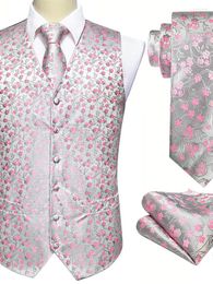 Chalecos de hombre Chaleco de seda floral rosa Chaleco de hombre Traje delgado Corbata de plata Pañuelo Gemelos Corbata Barry.Wang Diseño de negocios