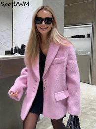 Herenvesten Roze Revers Wollen Elegante Dames Herfst Winterjas Lange mouw Enkele rij knopen Losse oversized jas 2023 Chic Casual Outwears 231219