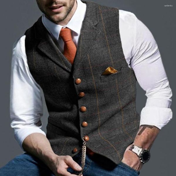 Gilets pour hommes Plaid Imprimer Hommes Manteau Élégant Simple Boutonnage Gilet d'affaires Slim Fit Col V Conception de revers pour les mariages de garçons d'honneur formels