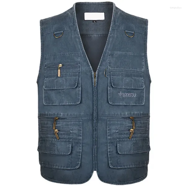 Chalecos para hombres Tallas grandes 6XL 7XL Hombre Casual Verano Algodón Denim Chaleco Chaqueta sin mangas Multi bolsillo Pograph Chaleco Chaleco Hombre