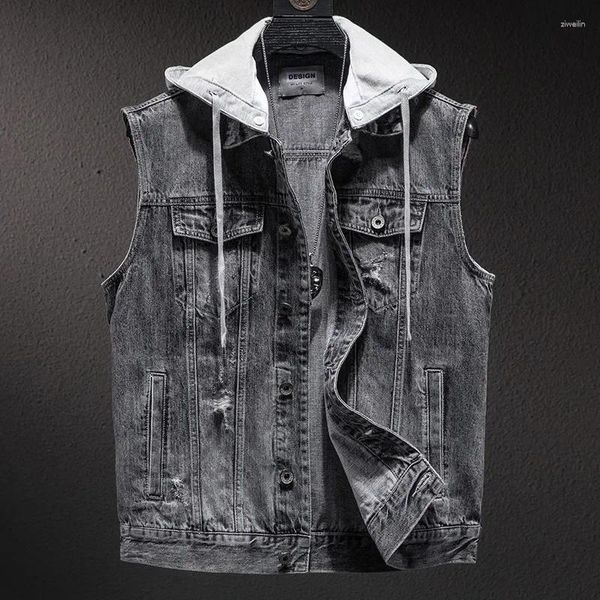 Gilets pour hommes Plus Taille Court Denim Gilet Hommes Amovible Manteau À Capuchon Printemps Été Poches Latérales Sans Manches Jeans Veste Tops-4XL