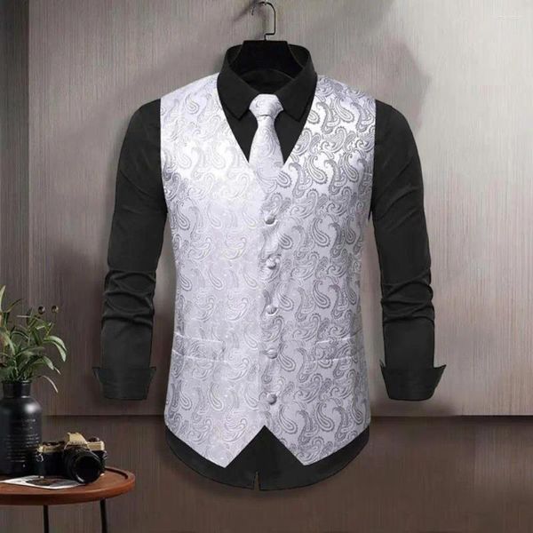 Gilets pour hommes Pocket Square Vest Set Hommes Party Élégant Rétro Groom Gilet de mariage avec col en V imprimé Slim Fit pour