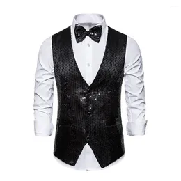 Gilets pour hommes Polyester Hommes Gilet Paillettes Bow Tie Ensemble Pour Rétro Disco Groom Mariage Gilet Avec Poches Brillantes Col V Solide