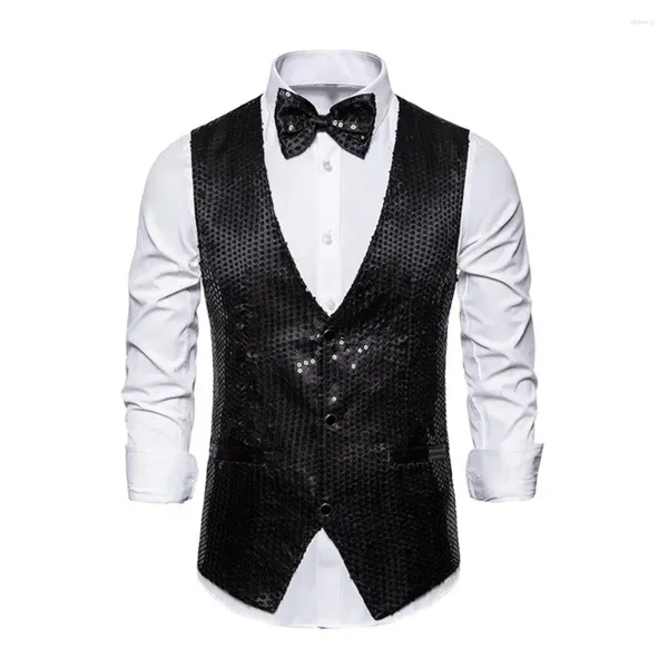 Chalecos para hombres Poliéster Hombres Chaleco Lentejuelas Bow Tie Set para Retro Disco Novio Boda Fiesta Chaleco con bolsillos brillantes con cuello en V Sólido