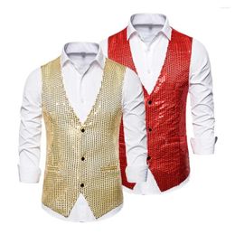 Gilets pour hommes Polyester Hommes Gilet Sequin V Cou Bow Cravate Ensemble Pour Rétro Disco Marié Fête De Mariage Gilet Sans Manches À Poitrine