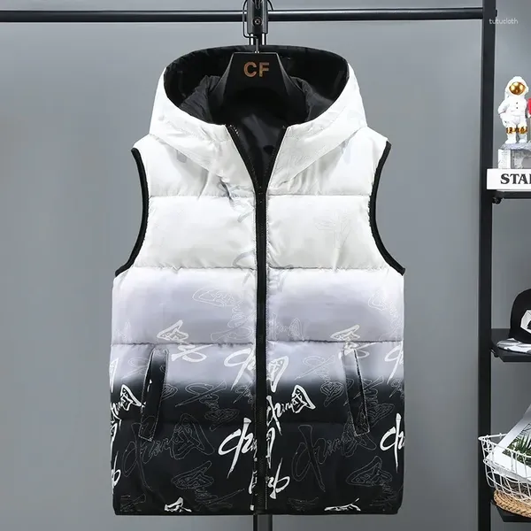 Gilets pour hommes imprimé gilet manteau hommes épais chaud à capuche gilet sans manches veste fermeture éclair mince style chinois vers le bas vêtements d'extérieur