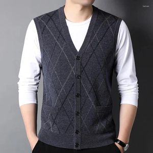 Gilet pour hommes gilet de luxe en laine pure épaissie 2024 Automne et hiver de loisirs à carreaux Pull d'âge moyen