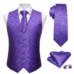 Herenvesten Purple Suit Vest Fashion Designer Men Violet Floral Jacquard Folral Silk Waistcoat zakdoek Tie Set Barry.wang M-2023