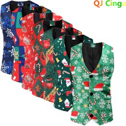 Chalecos de hombre QJ CINGA verde sin mangas chaleco estampado abrigo de un solo pecho cuello en V moda de Navidad Casual hombres chaleco 230222