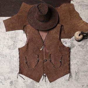 Herenvesten Kwaliteit Westelijke cowboys rijden Hoog leren vest vintage omkeerbare mouwloze jassen echte schapenvachtwaastant
