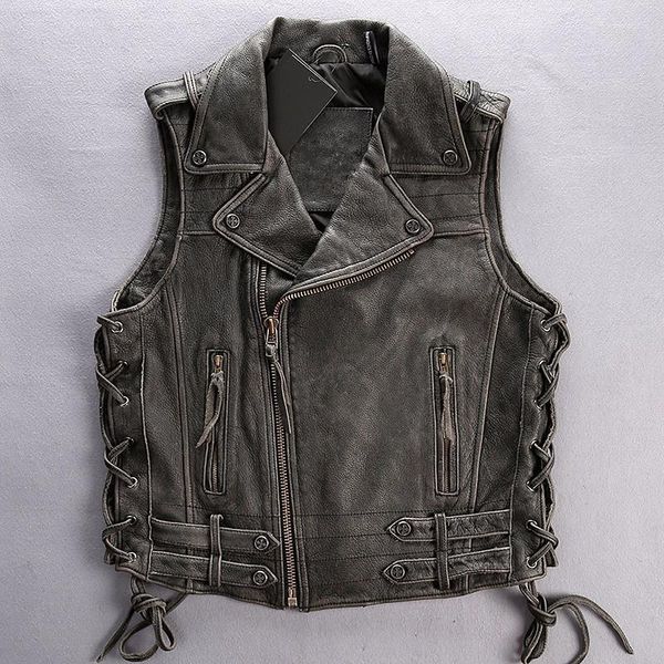 Chalecos de hombre Cuero de vaca real Biker Chaleco Solapa Cremallera Cuerda Ajustable Chaleco genuino Estilo punk Chaqueta sin mangas de motocicleta Guin22