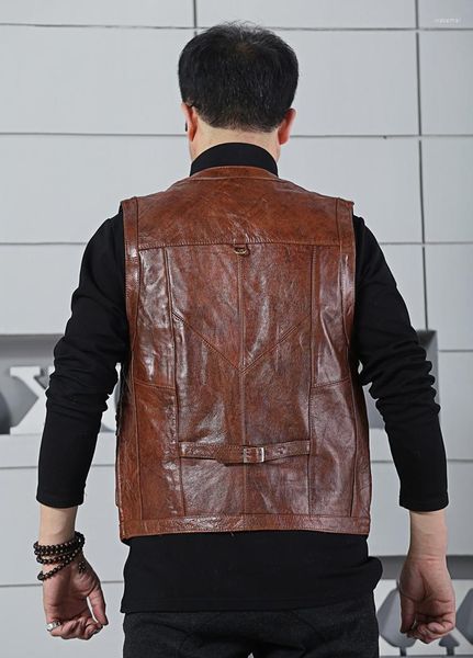 Gilets pour hommes véritable moto motard poches multiples vache véritable gilet en cuir hommes gilet sans manches veste débardeur