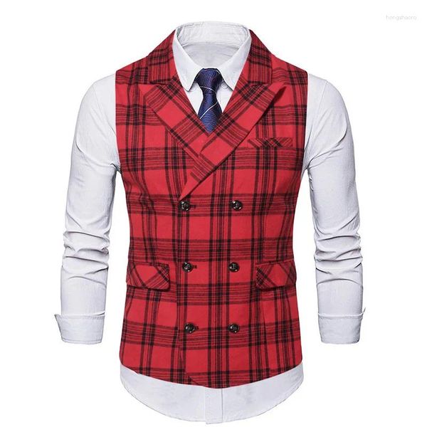 Chalecos para hombres Chaleco a cuadros rojo para hombres Ropa de fiesta informal escocesa Sin mangas Chaleco de doble botonadura Hecho a medida Tamaño grande