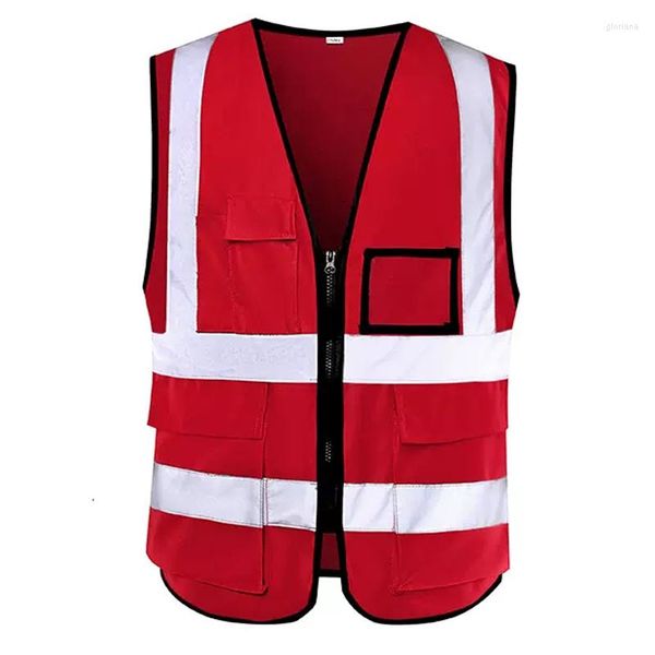 Gilets pour hommes Gilet de sécurité réfléchissant rouge haute visibilité avec fermeture à glissière multi-poches travail pour hommes