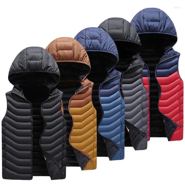 Gilets pour hommes Capuchon amovible Casual Down Cotton Vest Color Blocking Horse Clip