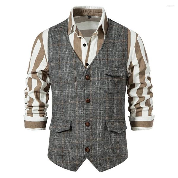 Chalecos para hombres Retro Mens Plaid Chaleco Chaleco Vintage Herringbone Tops sin mangas Botón Down Business Smart Casual Traje Khaki