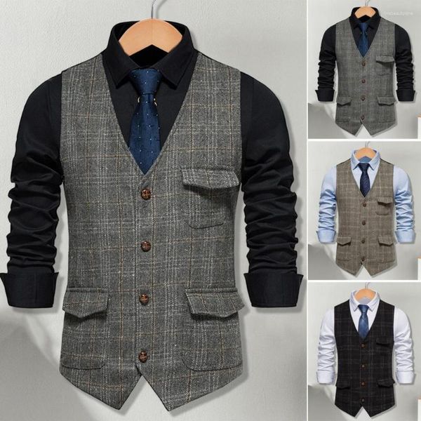 Chalecos para hombre Chaleco con estampado de cuadros retro Chalecos de negocios para hombres Elegante ajustado con trabajo de diseño de un solo pecho