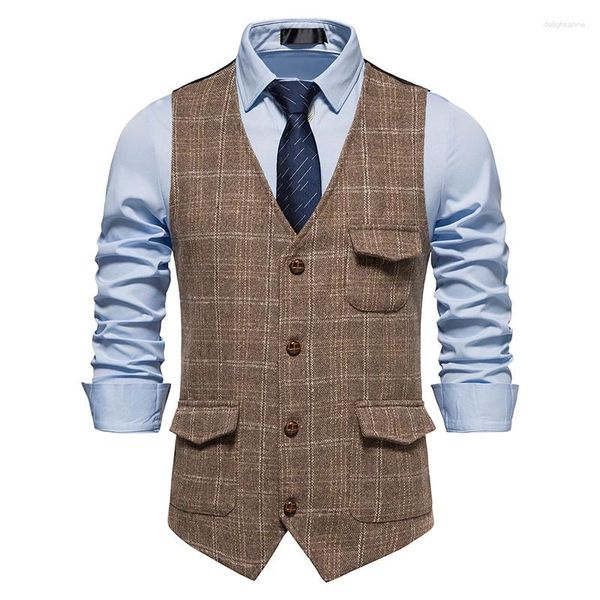 Gilet pour hommes rétro Gire Arrivée Plaid Plaid Pockets Banquet du bar à loisirs British Vintage Gentleman Gentleman Tweed British Vintage Gentleman.