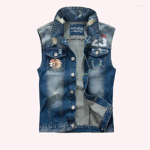 Gilets pour hommes déchiré bleu denim gilet mode patch designs cowboy effiloché jeans vestes sans manches punk moto gilet mâle tan kare22