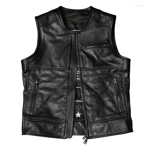 Chalecos para hombre Cuello redondo Motociclista Chaleco de cuero para hombre Chaquetas sin mangas genuinas Chaleco de piel de vaca Negro