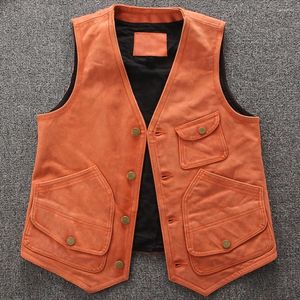 Herenvesten schapenvachtherenkwaliteit zomerjas echte oranje kleur grote lange man weskit s waistcoat echt lederen vest 4xl