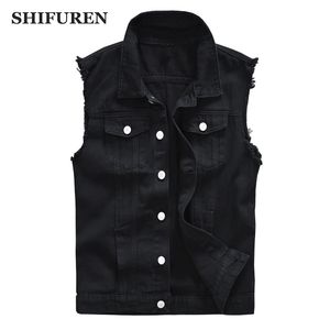 Herenvesten SHIFUREN Heren katoenen gescheurde jeans Mouwloos jasje Zwart denim vest Singlebreasted mannelijk hiphop gewassen cowboyvest 230923