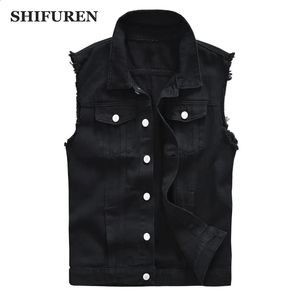 Herenvesten SHIFUREN Heren katoenen gescheurde jeans Mouwloos jasje Zwart denim vest Singlebreasted mannelijk hiphop gewassen cowboyvest 231109