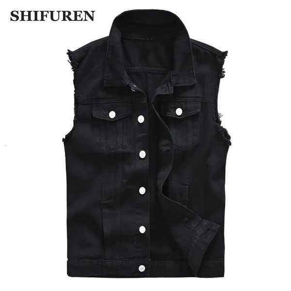 Gilets pour hommes Shifuren hommes coton déchiré jean veste sans manches noir denim gilet simple boutonnage mâle hip hop lavé cowboy gilet 230927