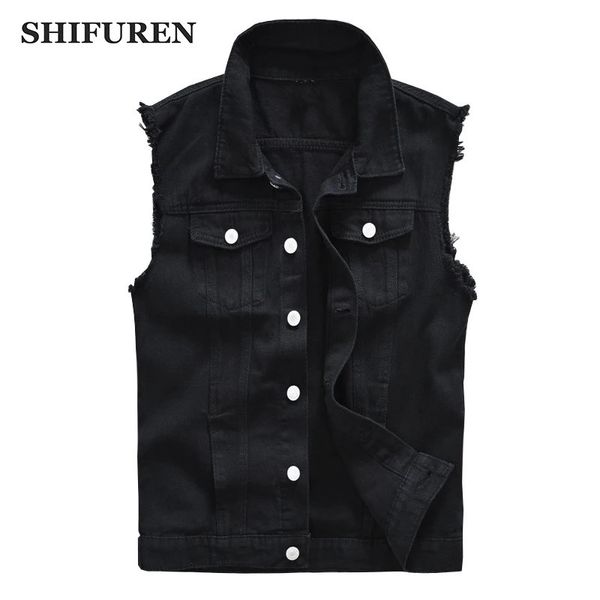 Gilets pour hommes Shifuren hommes coton déchiré jean veste sans manches noir denim gilet simple boutonnage mâle hip hop lavé cowboy gilet 231219