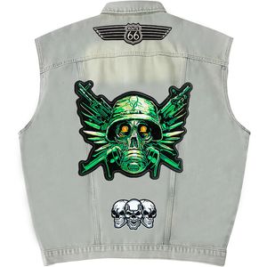 Mannen Vesten Korte Losse Mannen Denim Vest Motorfiets Vest Borduren Patches Mouwloze Cowboy Jas Club Rijden Punk Veste 230826