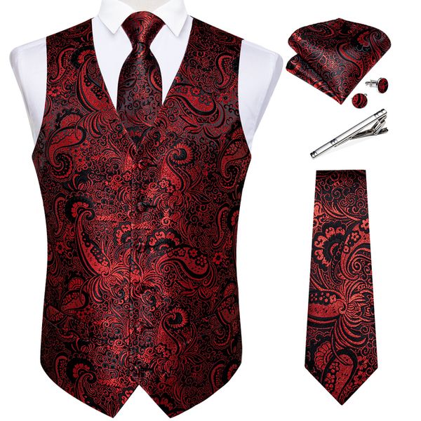 Hommes gilets soie robe formelle costume gilet cravate ensemble pour mariage mâle Satin bordeaux rouge gilet sans manches veste haut décontracté 230217