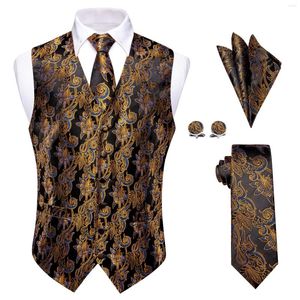 Herenvesten zijden goud bloemen zwart vest mode stroping luxe zakdoek manchetknopen set formeel feestbedrijf aan het werk voor de mens bruiloft