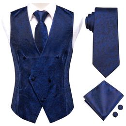 Gilets pour hommes en soie Gilets et cravates pour hommes d'affaires Slim Vest 4PC Cravate Boutons de manchette Hanky pour costume Blue Paisley Floral Waistcoat 230418