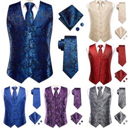 Gilets pour hommes Soie Mens Gilet Cravate Set Veste sans manches Costume Gilet Cravate Hanky Boutons de manchette Bureau de mariage Jacquard Floral Paisley surdimensionné