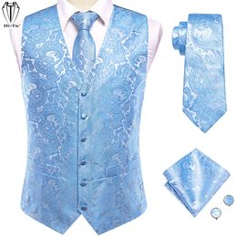 Gilets pour hommes Soie Mens Mariage Gilet Cravate Ensemble Sans Manches Western Gilet Veste Cravate Hanky Boutons De Manchette Bleu Ciel Corail Beige Argent Bordeaux 230317