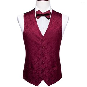 Vêtes masculines Silk Red Paisley Men Suit Waistcoat Vest Party Wedding Self Bowtie Mandkerchief Set Floral Fahsion Designer Barry.Wang ML-2008