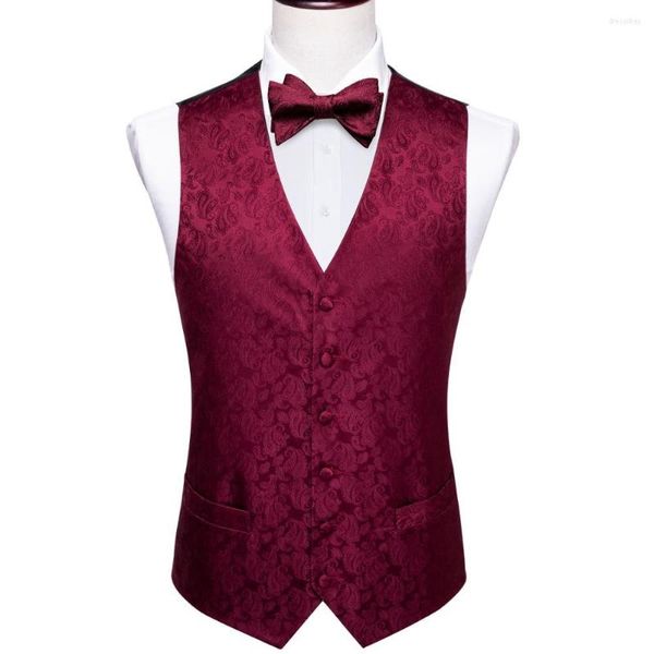 Gilets pour hommes Soie Rouge Paisley Hommes Costume Gilet Gilet Fête De Mariage Auto Bowtie Mouchoir Ensemble Floral Fahsion Designer Barry.Wang ML-2008