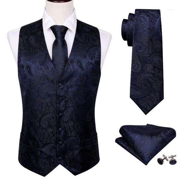 Chalecos de hombre Chaleco de seda para hombre Chaleco de traje delgado Conjunto de corbata de Paisley azul profundo Pañuelo Gemelos Negocios Barry.Wang