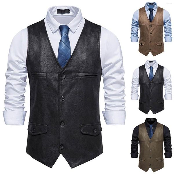 Gilets pour hommes Manteau à simple boutonnage Gilet Vintage en cuir PU Gilet sans manches Party Groomsmen Costumes Vestes Outwear Tops Chaquetas Hombre