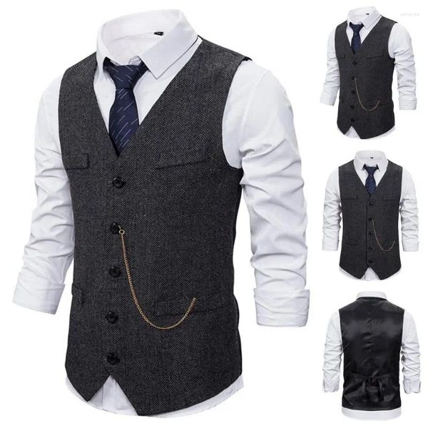 Chalecos para hombres Chaleco de un solo pecho Chaleco para hombres Slim Fit Cuello en V Negocios con decoración de cadena Parche antiarrugas