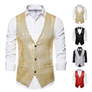 Gilets pour hommes Gilet à poitrine unique Paillettes Col V Gilet Bow Tie Set pour Retro Disco Groom Wedding Party Single-Breasted sans manches